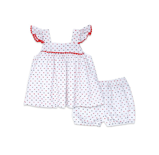 Sally Swing Set - Navy and
Red Swiss Dot