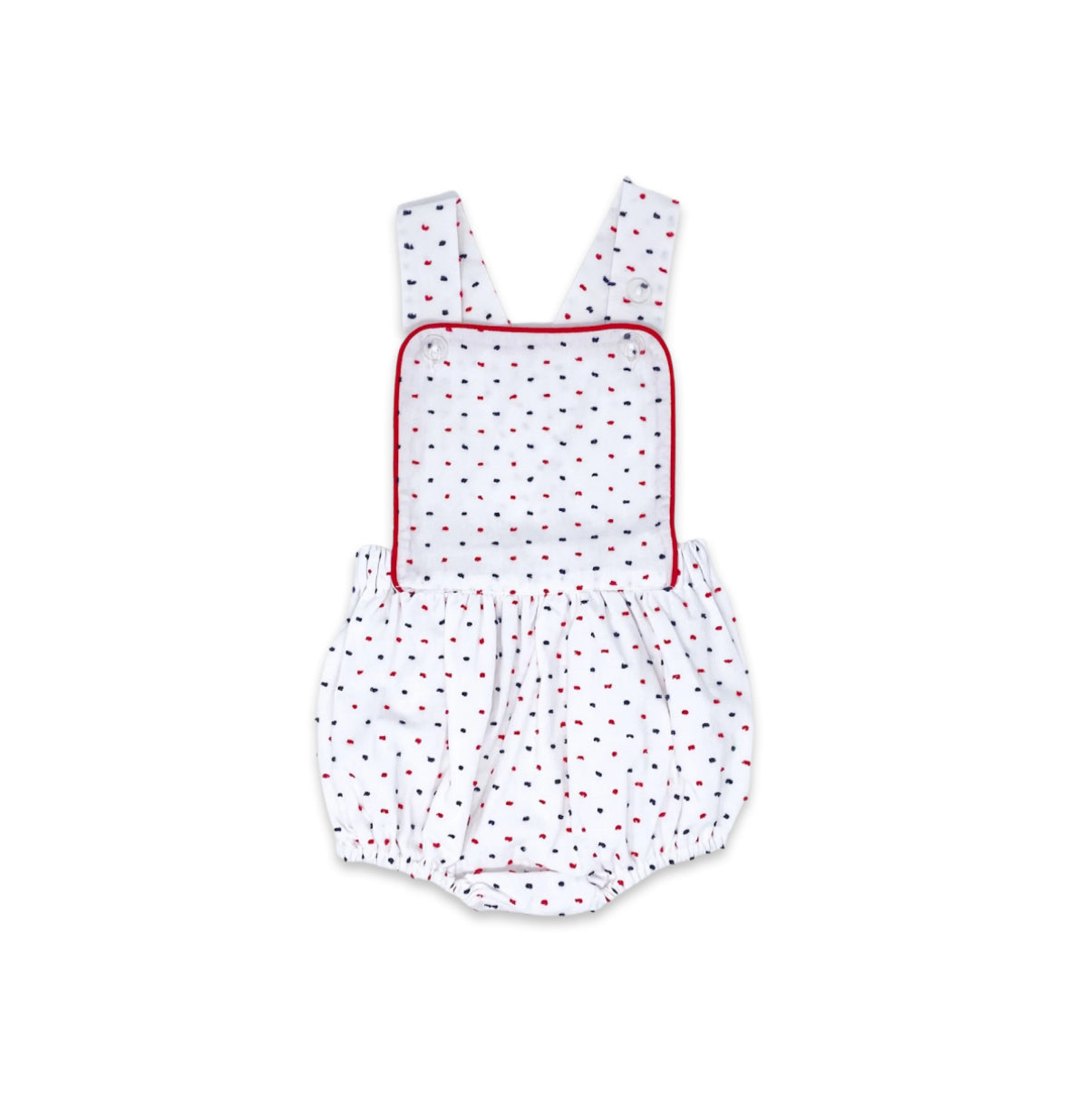 Arthur Apron - Navy and
Red Swiss Dot