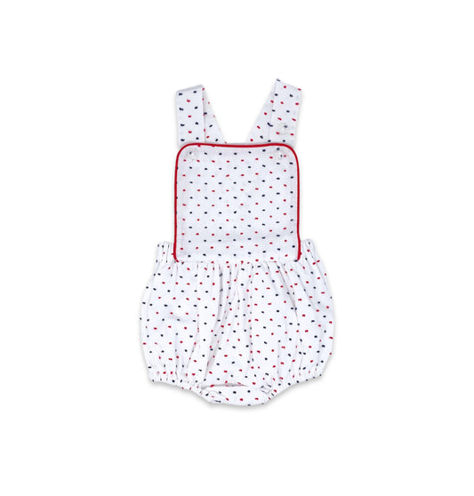 Arthur Apron - Navy and
Red Swiss Dot