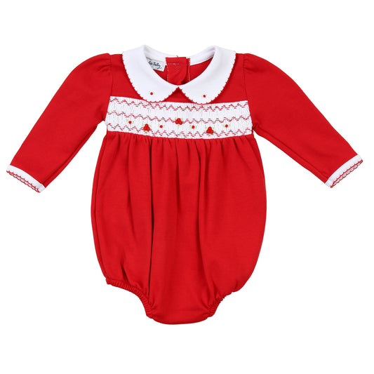Clara and Colton Red Smocked Collared L/S Girl Bubble