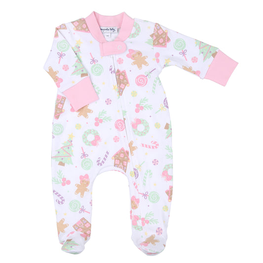 Sweet Gingerbread Printed Zipper Footie  - Pink