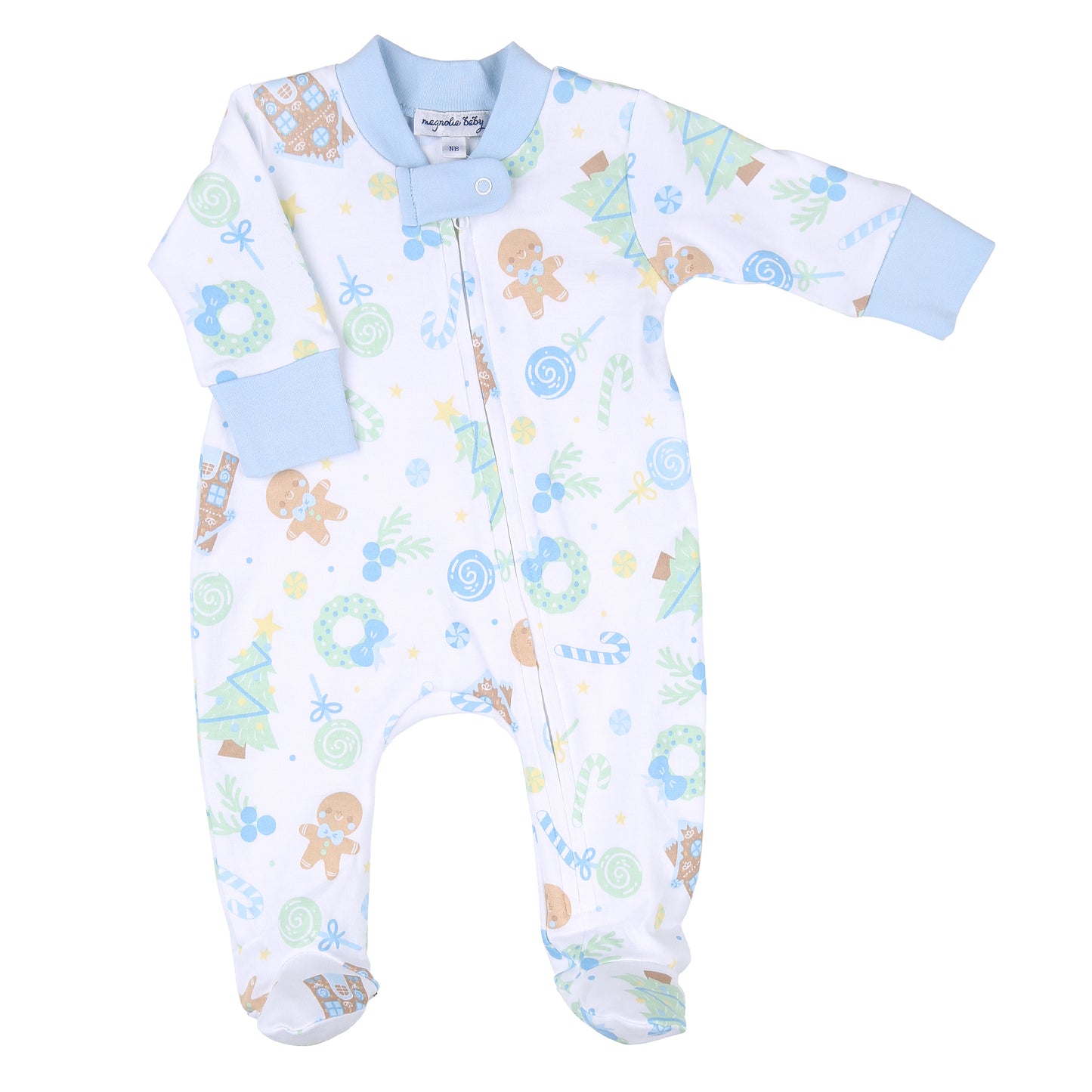 Sweet Gingerbread Printed Zipper Footie - Blue