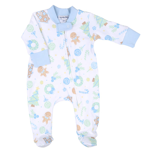 Sweet Gingerbread Printed Zipper Footie - Blue