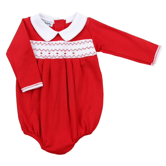 Clara and Colton Red Smocked Collared L/S Boy Bubble