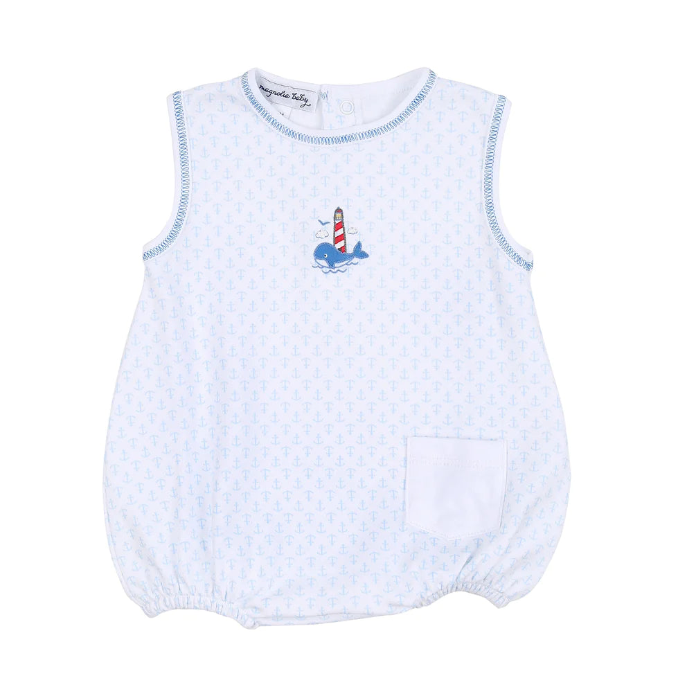 Magnolia Baby Call of the Sea Blue Embroidered Sleeveless Boy Bubble