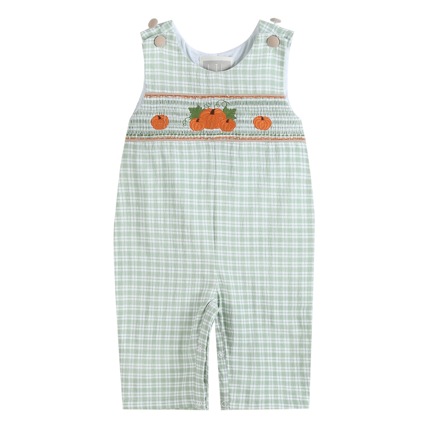 Sage Green Plaid Pumpkin Smocked Overalls