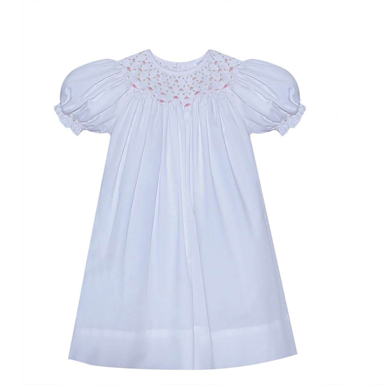 Phoenix N Ren White Abigail Bishop Dress w/ Pink Trellis Smocked